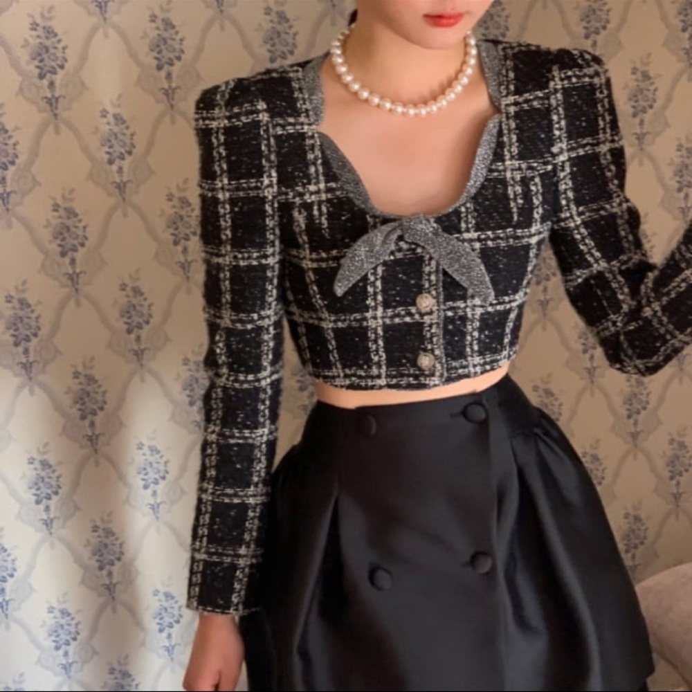 Kfashion Seooocookie Bunny Checked Tweed Cropped Jacket size S